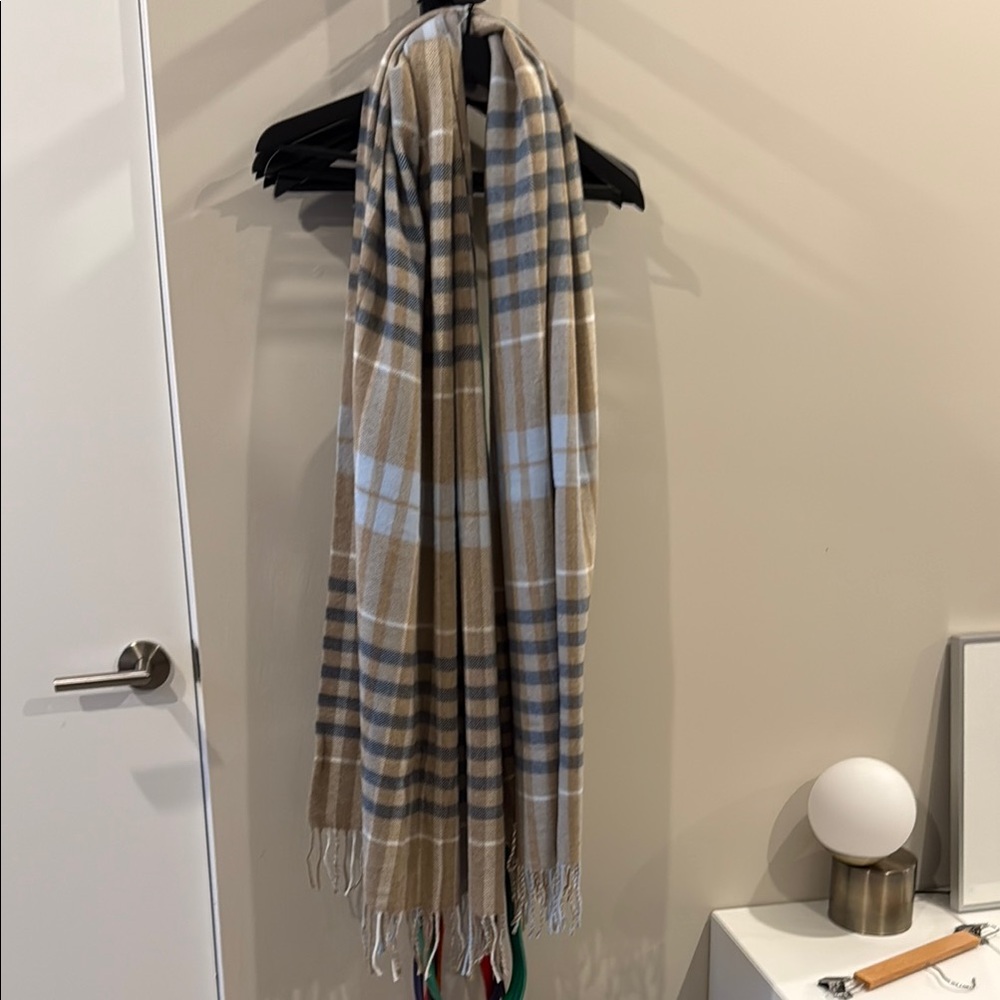 Italian Blanket Plaid Tan, Gray, & Blue Scarf